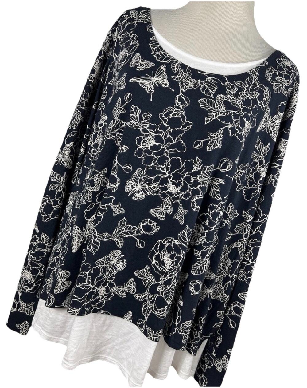 J.Jill Butterfly Overlay Cotton Tencel Shirt Blouse Shirt Womens L Boho Classic